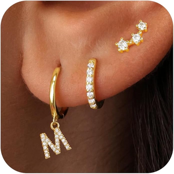 Valentines Day Gifts for Kids Girls - 3 Pairs Gold Earrings for Women Huggie Hoop Earrings for Girls with Initial Dangle Cartilage Earring Studs Hypoallergenic Earring Set for Multiple Piercing