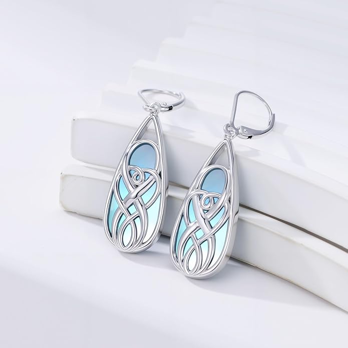 Teardrop Drop Dangle Earrings for Women 925 Sterling Silver Turquoise/Moonstone/White Opal Earrings Celtic Design Boho Jewelry Gifts for Mom Wife Sister