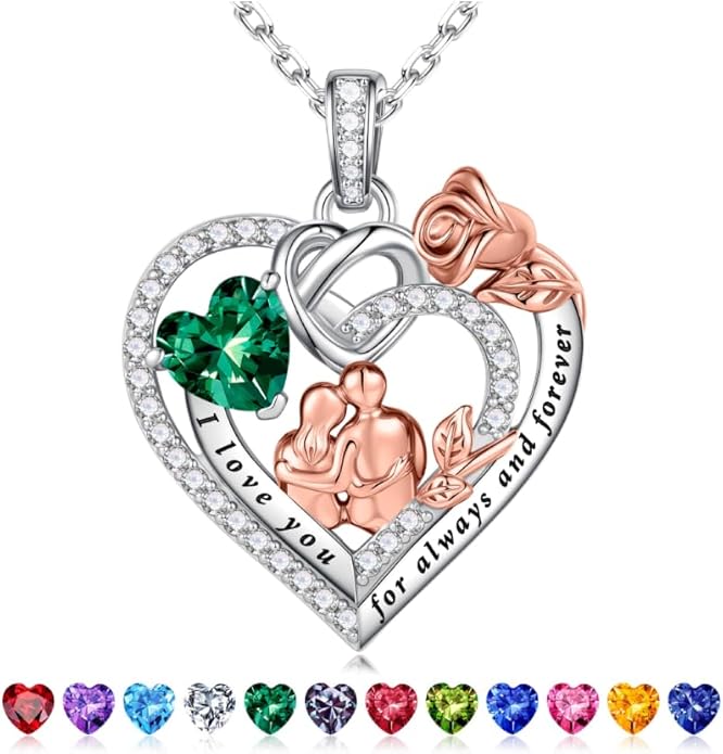 Iefil Valentines Day Gifts for Her - 925 Sterling Silver Birthstone Heart Necklace for Women, Anniversary Birthday Gifts for Wife Girlfriend Mom
