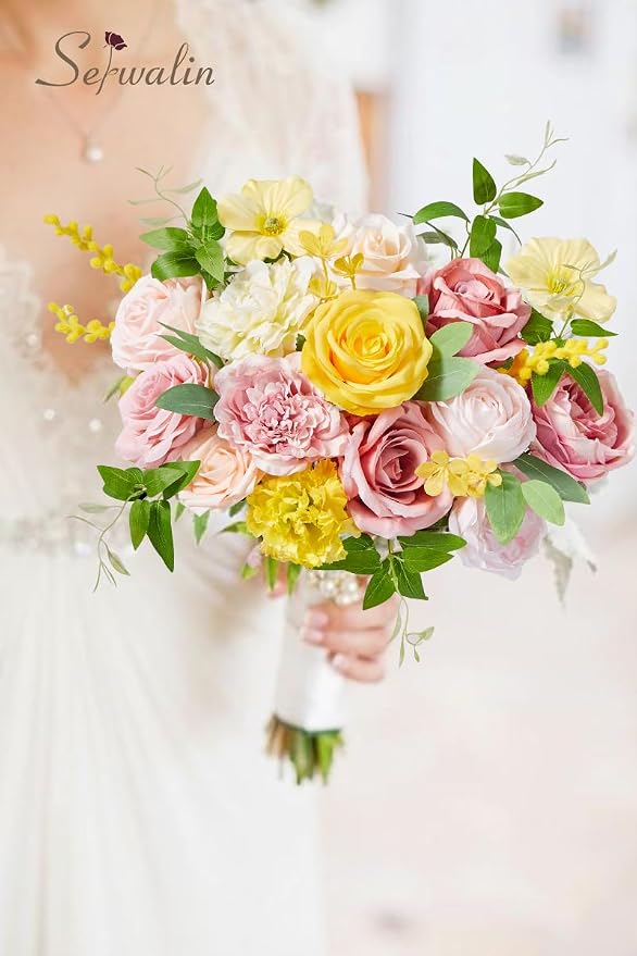Serwalin Pink Yellow Artificial Flowers, Wedding Silk Fake Flowers Box | Faux - Image 5
