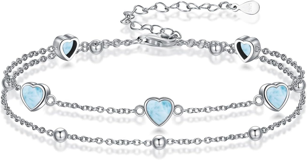 Birthstone Anklet/Bracelets for Women 925 Sterling Silver Charm Link Double Strand Heart Birthstone Jewelry Gift for Wife Women Mother's Day Gift