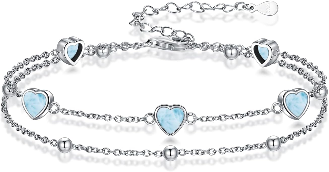Birthstone Anklet/Bracelets for Women 925 Sterling Silver Charm Link Double Strand Heart Birthstone Jewelry Gift for Wife Women Mother's Day Gift
