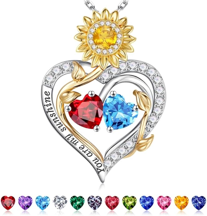 Iefil Valentines Day Gifts for Her - 925 Sterling Silver Sunflower Double Birthstone Necklace for Women, Anniversary Birthday Gifts for Wife, You Are My Sunshine Necklaces, Jewelry for Wife Mom
