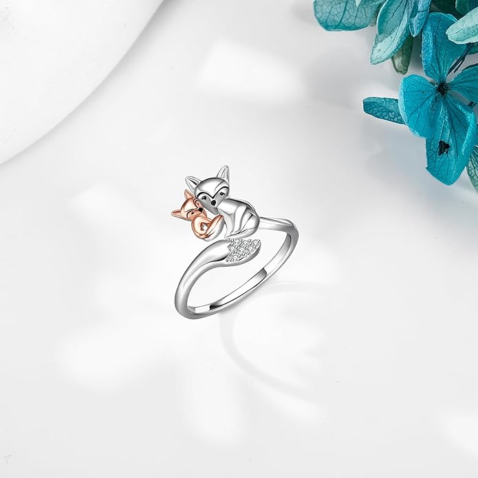 POPLYKE Frog/Wolf/Dragonfly/Hummingbird/Fox/Elephant/Panda/Red Panda/Angel Wings Rings for Women Men 925 Sterling Silver Anxiety Rings Open Rings Jewelry