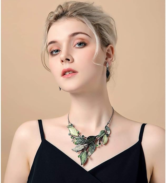 AMYJANE Vintage Statement Jewelry Set - Spring Leaf Flower Floral Plant Necklace Earring Set Crystal Rhinestone Fashion Costume Jewelry for Women Prom Party Unique Gift