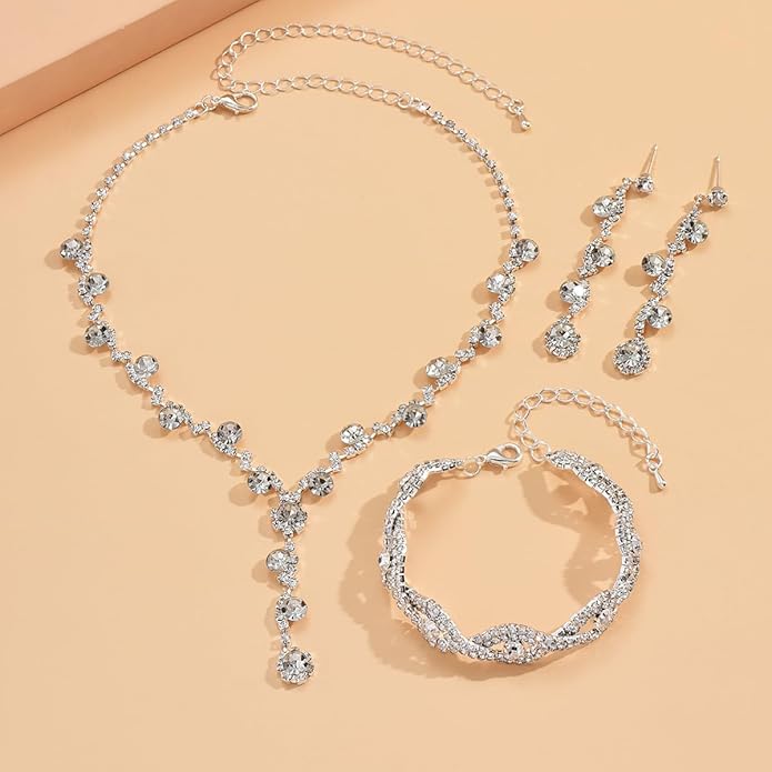 Silver Crystal Bridal Jewelry Set, Teardrop Dangle Earrings Rhinestone Necklace Bracelet for Bride Bridesmaid Crystal Bridal Wedding Party Jewelry Sets