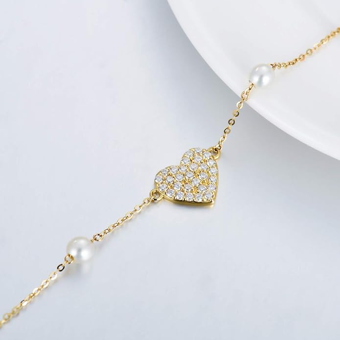 14k Gold Heart Anklet for Women, Real Gold Pearl Love Jewelry Ankle Bracelets Gifts for Wife/Girlfriend, Present for Her, 8.6"-10.2"