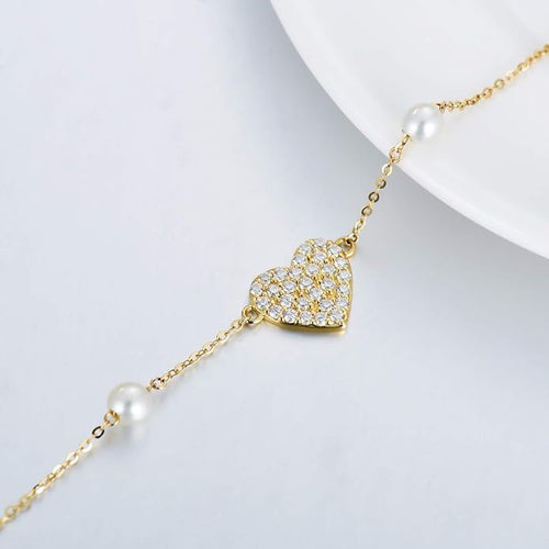 14k Gold Heart Anklet for Women, Real Gold Pearl Love Jewelry Ankle Bracelets Gifts for Wife/Girlfriend, Present for Her, 8.6"-10.2"