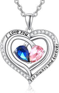 Valentine's Day Gifts for Wife 925 Sterling Silver Double Birthstone Pendant Necklaces I Love You for Always and Forever Necklace Anniversary Birthday Gifts for Wife Girlfriend Mom Her