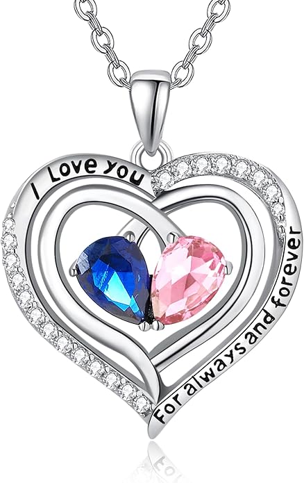 Valentine's Day Gifts for Wife 925 Sterling Silver Double Birthstone Pendant Necklaces I Love You for Always and Forever Necklace Anniversary Birthday Gifts for Wife Girlfriend Mom Her