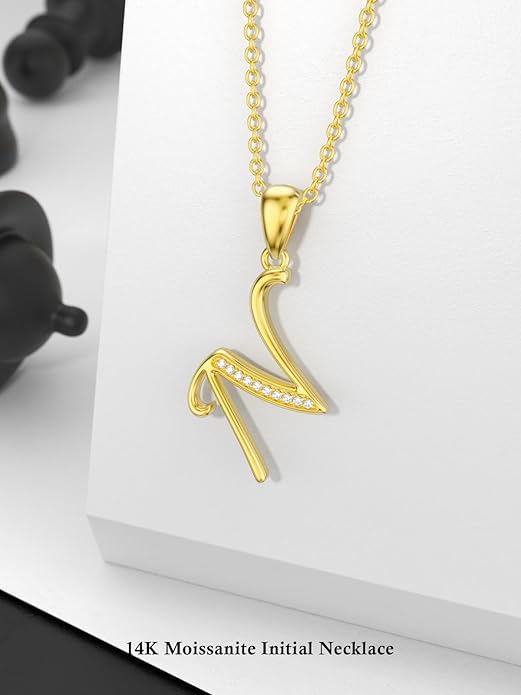 14k Gold Initial Necklace for Women, Solid Gold Moissanite Letter Pendant Necklaces Jewelry for Her Birthday Valentines Day Gifts for Mom Wife Christmas Gifts for Girlfriend Sister