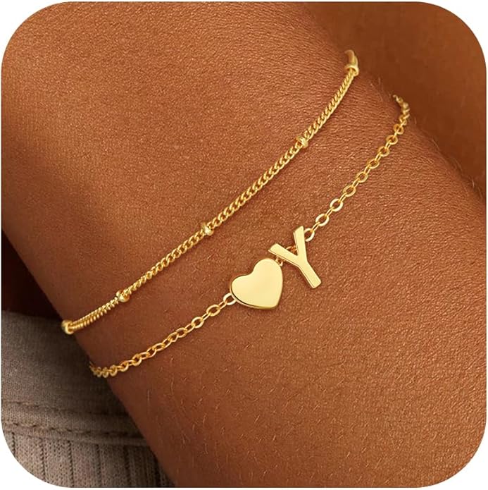 Valentines Day Gifts for Kids Women Girls, 14K Gold Plated Heart Initial Bracelet Teen Girl Gifts Trendy Stuff Dainty Gold Bracelets for Women Girls Valentines Day Gifts