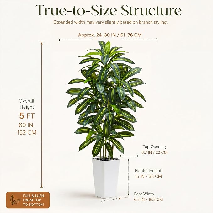 Artificial Dracaena Tree: 5FT Fake Plants Silk Faux Trees（White Pot） | - Image 3