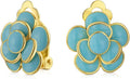 Pink Red Enamel Flower Crystal Edge Spring Retro Floral Rose Clip On Earrings For Women Non Pierced Ears 14K Gold Plated