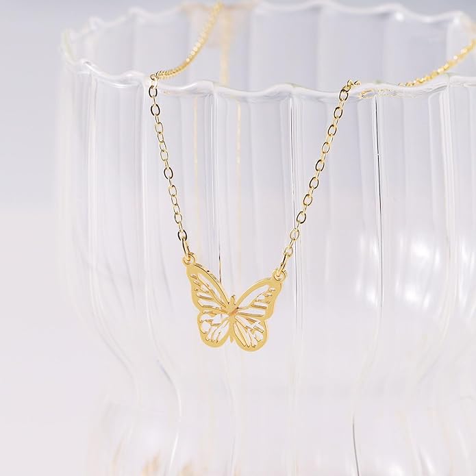 14K Gold Plated Dainty Pendant Butterfly Bead Boot Bee Baseball Flower Compass Airplane Heart Hummingbird Tree Necklace Simple Jewelry Gift for Women