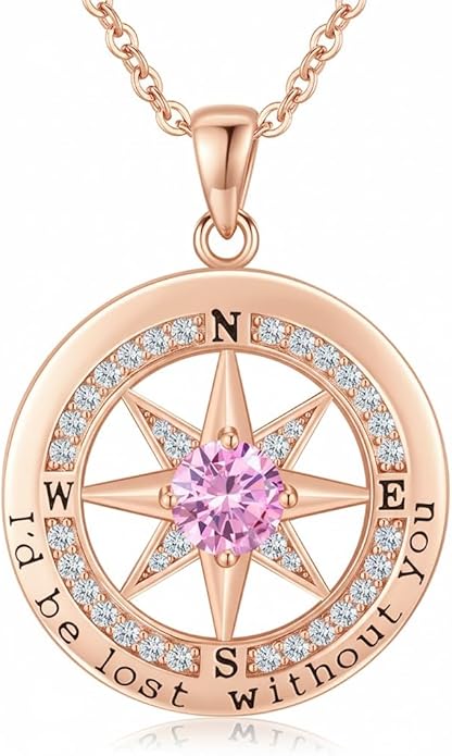 Compass Necklace for Women Wife Girlfriend Mom Daughter Gifts S925 Sterling Silver Jewelry For Anniversary Rose Gold Gifts For Birthday Christmas Mothers Valentines Day 12 Birthstones