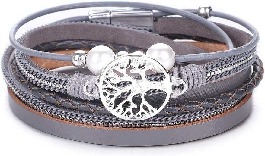 KSQS Tree of Life Leather Multi-Layer Wraps Bracelet,Boho Wide Buckle Wristband Bangle,Braided Cuff Bracelets for Women