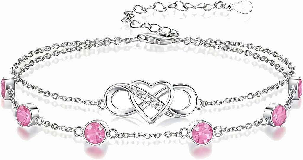 Prismata Infinity Birthstone Charm Link Bracelet 925 Sterling Silver Adjustable 12 Months Birthstone Infinity Bracelet Birthday Jewelry Gifts for Women Mom Her,with 7"+2" chain