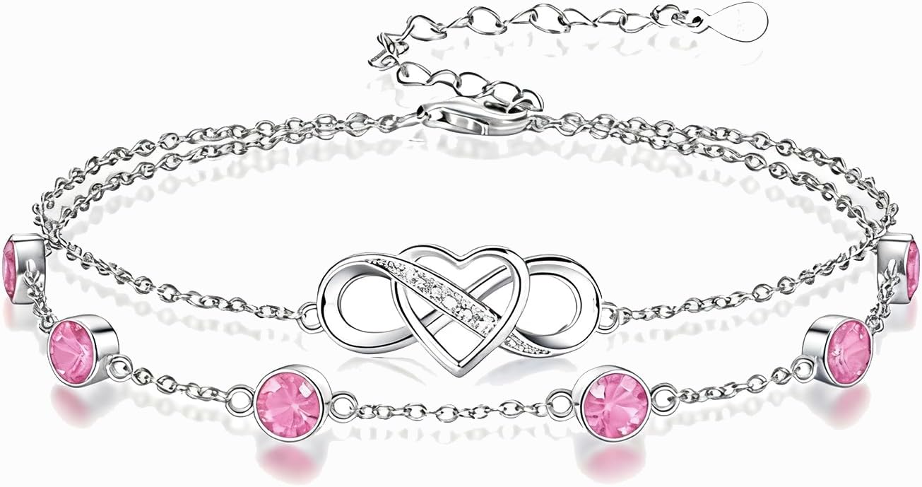 Prismata Infinity Birthstone Charm Link Bracelet 925 Sterling Silver Adjustable 12 Months Birthstone Infinity Bracelet Birthday Jewelry Gifts for Women Mom Her,with 7"+2" chain