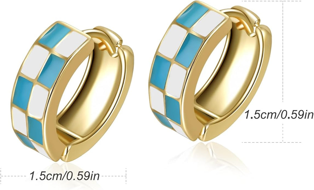 Chic Checker Small Hoop Cartilage Earrings Teacher Earrings for Women；White Black Enamel Hypoallergenic Hooped Gifts Gold and Silver tone