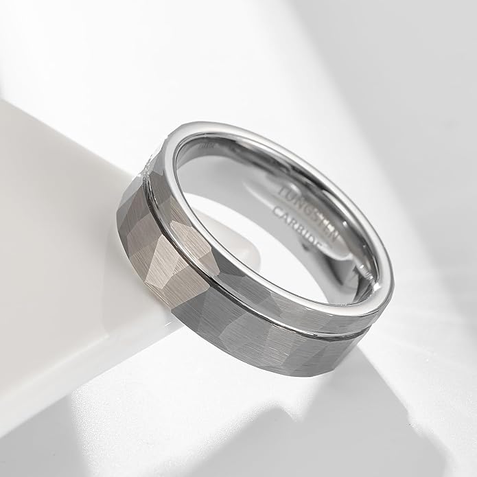 | Faceted Borderline Band - 8mm Wide Textured Grey Tungsten Ring for Men & Women