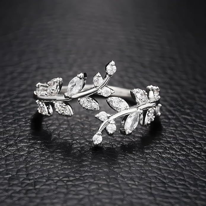 Adjustable S925 Sterling Silver Ring for Women,Branch Leaves Band Stacking Finger Ring,Paved Cubic Zirconia Stone Stackable Open Ring
