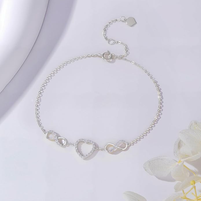 SISGEM 14k White Gold Created Moissanite Infinity Heart Anklet, Ankle Bracelets for Women, 9.4-11 Inch