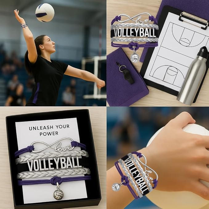 Volleyball Bracelets For Girls- Ideal Volleyball Gifts & Souvenirs. Adjustable Charm Bracelet with Moveable Letters, Infinity Symbol & Silver Volleyball Charm. Fashionable Bracelets by SportyBella.