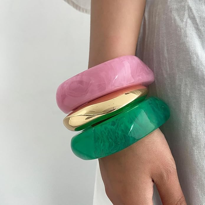 ALEXTINA 3Pcs Acrylic Resin Bangles for Women, Wide Resin Bracelets Chunky Cuff Bracelets Set Stackable Bracelets, Summer Vacation Jewelry Gift for Women