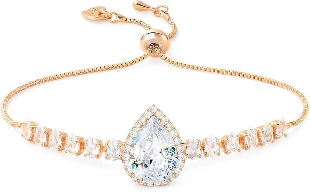 Linawe Crystal Imitation Diamond Rhinestone Charm Bracelets for Women, Gold/Silver/Rose Gold Adjustable Chain Bracelet, Teardrop Birthstone Cubic Zirconia Prom Costume Wedding Jewelry