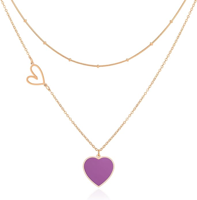 Linawe Layered Choker Heart Pendant Necklace for Women Trendy, Gold/Silver/Rose Gold Chain Stainless Steel Stacked Necklaces, Double Heart Necklace Y2K Preppy Jewelry
