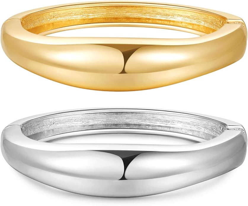 2pcs Gold Bangle Bracelets for Women, Trendy Hinged Cuff Open Wide Chunky Gold Bracelet Stack Arm Cuff Jewelry for Women