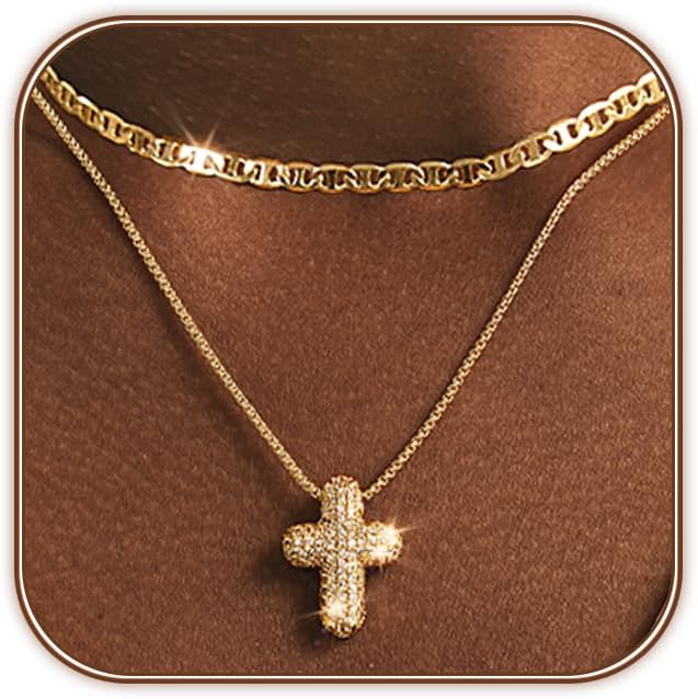 OGD Bubble Cross Necklace for Women 14k Gold Plated Cross Necklace Stackable Dainty Gold Necklace Mariner Chain Necklace CZ Cross Pendant Necklaces Set Simple Jewelry Gift