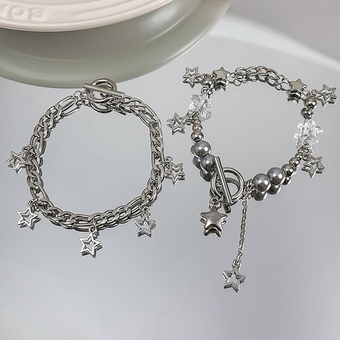2 Pieces Silver Star Necklace Y2K Jewelry Set Grunge Necklace Kawaii Cute Necklaces Aesthetic Vintage Emo Jewelry