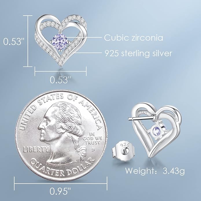 CDE Forever Love Heart Stud Earrings for Women, 925 Sterling Silver Birthstone Heart Stud Earrings Christmas Day Mother's Day Gift Anniversary Birthday Jewelry Gifts for Women Wife Her