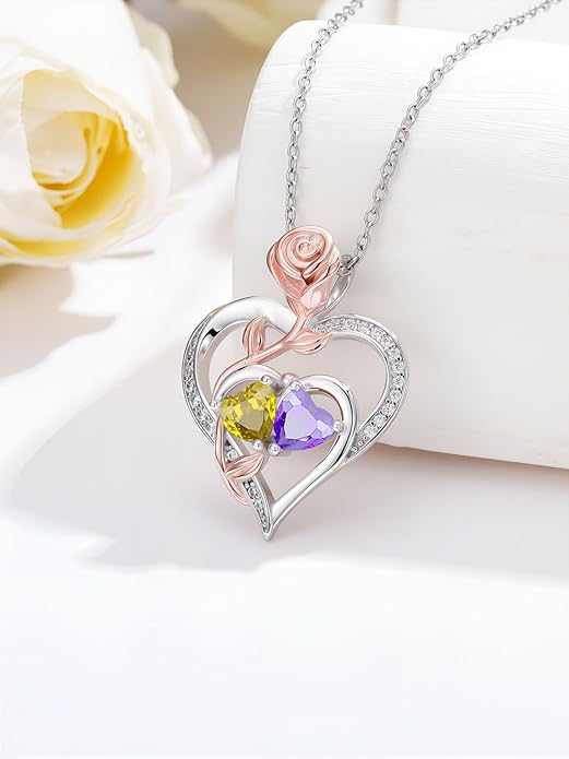Rose Flower Heart Pendant for Women Birthday Gifts 18k Gold Plated Mother Daughter Necklace with 12 Months Birthstone Christmas Valentines Day Gifts for Her Mom Anniversarry Jewelry for Mom Wife Girlfriend