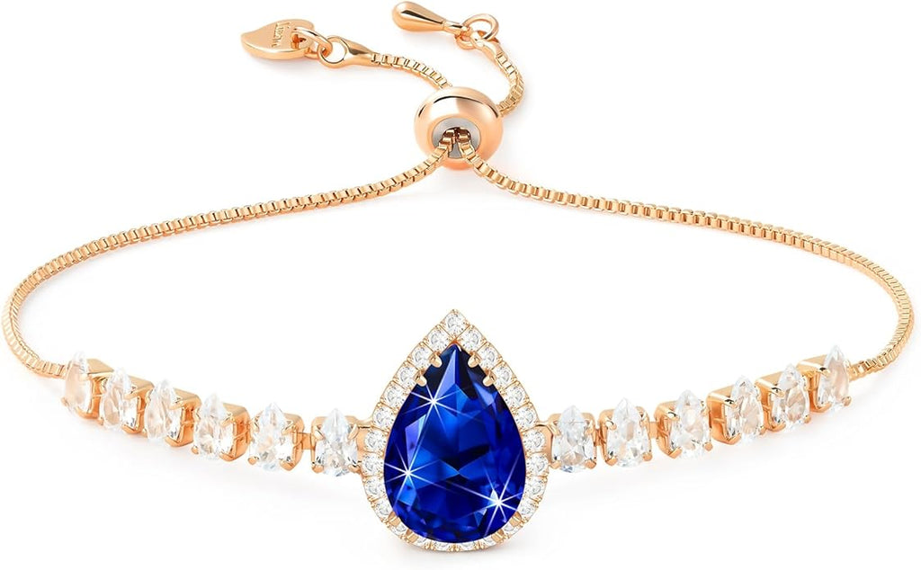 Linawe Crystal Imitation Diamond Rhinestone Charm Bracelets for Women, Gold/Silver/Rose Gold Adjustable Chain Bracelet, Teardrop Birthstone Cubic Zirconia Prom Costume Wedding Jewelry