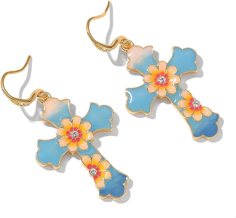 Flower Cross Dangle Earrings for Women, Gold Enamel Hypoallergenic Jewelry