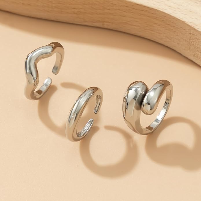 MIFYNN Chunky Gold Rings for Women Gold Silver Adjustable Thick Ring Fashion Statement Ring Open Dome Ring Chunky Silver Rings Geometric Curved Minimalist Simple Rings