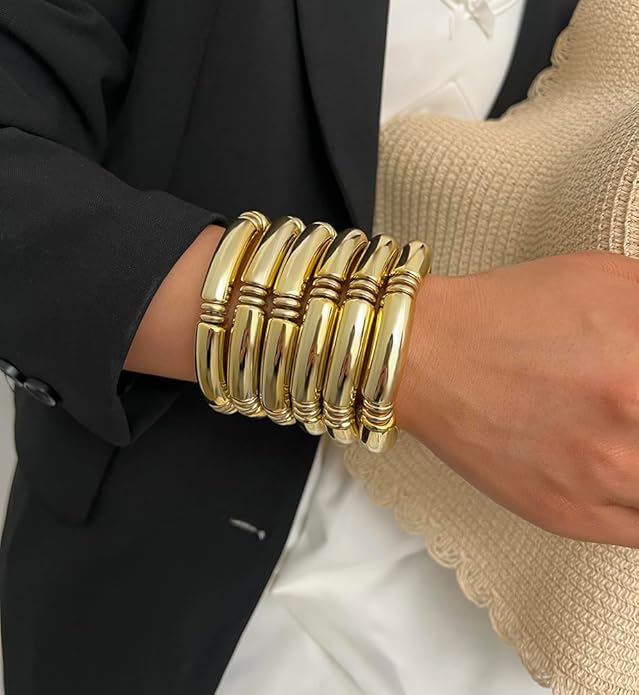 iF YOU 6pcs Chunky Acrylic Bangle Bracelets for Women, Resin Bamboo Brown Stretchy Bracelet Stack, Fashion Jewelry for Women