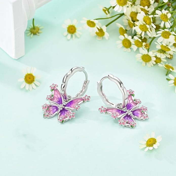 LAZA 925 Sterling Silver Hoop Earrings for Women, Hypoallergenic Huggie Butterfly Dangle Drop Earrings Colorful Flower Earrings Jewelry Gifts