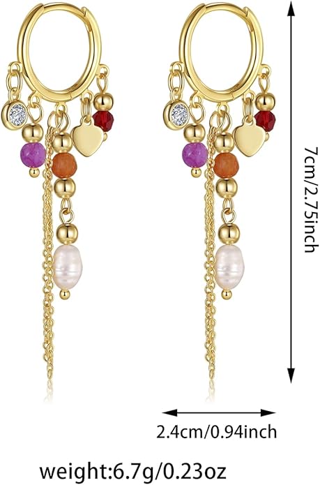 GZQ Bohemian Tassel Hoop Earrings for Women,Colorful Beaded Pearl Dangle Jewelry Fashion Statement Accessory for Gift Daily Wear Party Date, Lightweight 2.75in