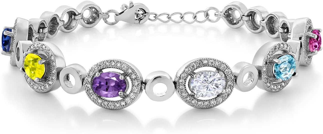 Gem Stone King Customized and Personalized 6-Stone Bracelet For Women | Oval 7X5MM | Gemstone Birthstone | 925 Sterling Silver | 7 Inch with 1 Inch Extender