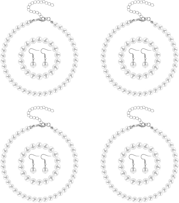 4 Sets Pearl Necklace Bracelet Earrings Set, Classic Faux Pearl Jewelry Set, Pearls Costume Jewelry for Women Brides Bridesmaid Wedding Party