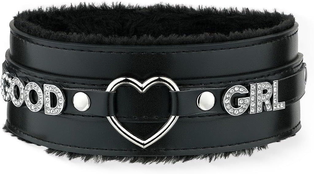 Pink Furry Heart O-ring Leather Choker Collar For Women, Handmade Punk Gothic Letter Necklace Adjustable Fashion Jewelry