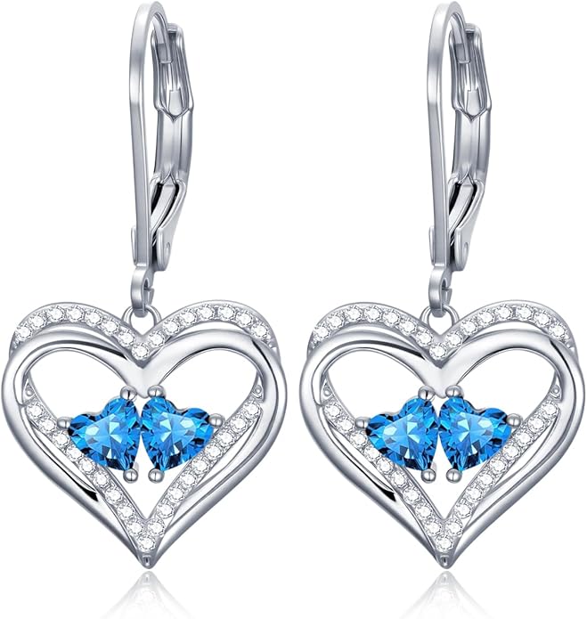 Valentines Day Gifts for Women, Heart Leverback Earrings Double Birthstone Dangle Earrings for Women, Love Jewelry for Her, Anniversary Birthday Gift for Mom Wife Girlfriend