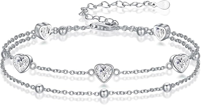Birthstone Anklet/Bracelets for Women 925 Sterling Silver Charm Link Double Strand Heart Birthstone Jewelry Gift for Wife Women Mother's Day Gift