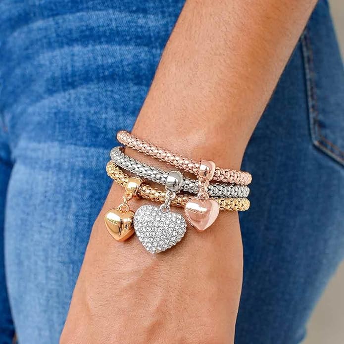 Crystal Charms Multilayer Bracelets - 3PCS Gold/Silver/Rose Gold Corn Chain Bracelet for Women, Tree of Life Heart Shaped Stretch Bracelet