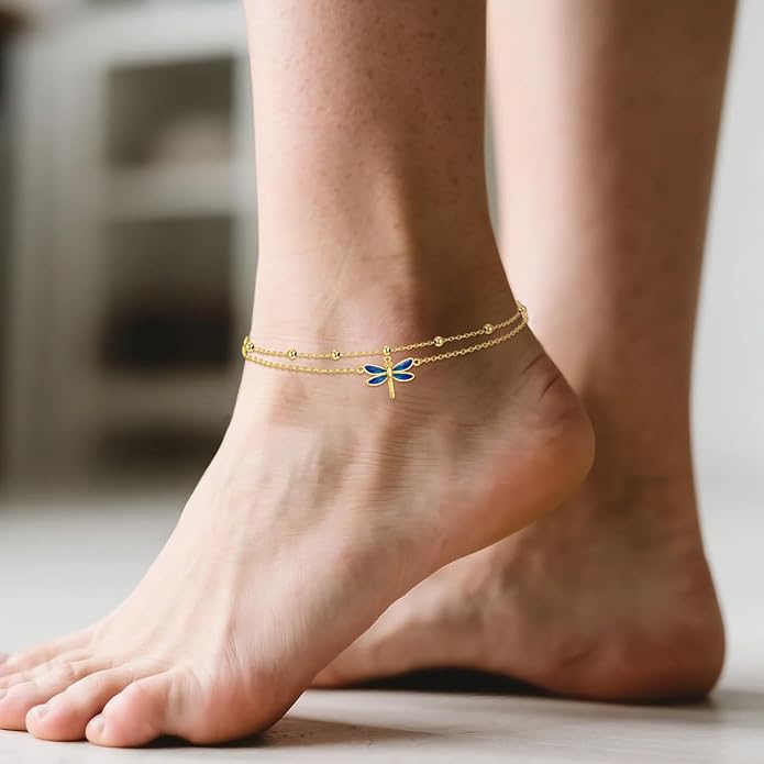KECHO 14k Yellow Gold Butterfly/Dragonfly/Frog/Sunflower/Daisy/Tree of life/Moon/Clover Bracelet Anklet for Women