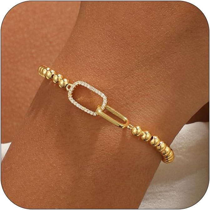 Gold Bracelets for Women, Cute 14K Gold/Silver Plated Stretch Beaded Bracelets for Women Trendy Stackable Charm Bracelet Dainty Adjustable Waterproof Non Tarnish Jewelry Gifts for Her